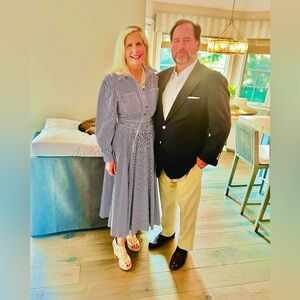 Hunter Bell long sleeve navy/white stripe midi size 6 fitted bodice excellent